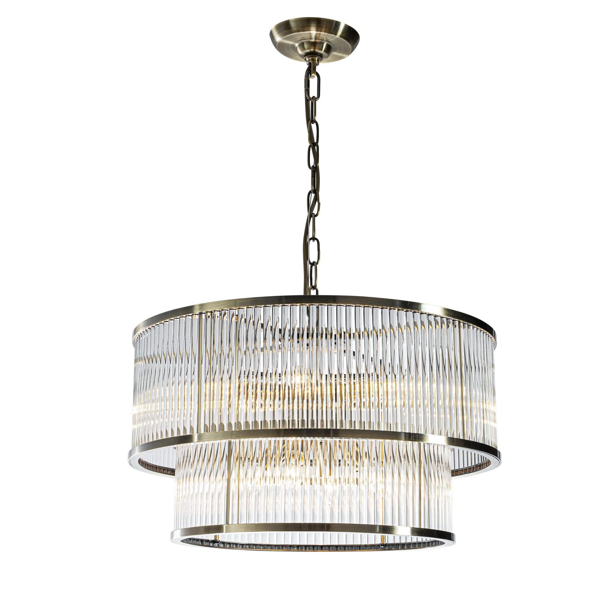 W21in Modern Glam 10-Light 2 Tiered Glass Drum Chandelier in Antique Bronze Contemporary Round Adjustable Hanging Light For Living Room Dining Room