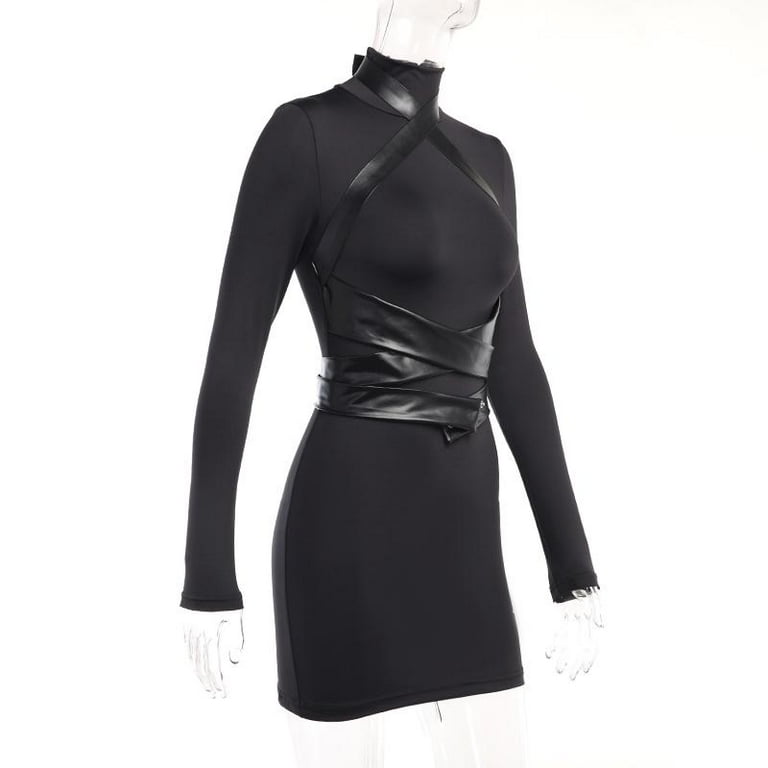 Goth Black Long Sleeve Leather Bandage Bodycon Party Dresses Y2K Vintage  Elegant Half-high Collar Slim Mini Dress for Women - Walmart.com