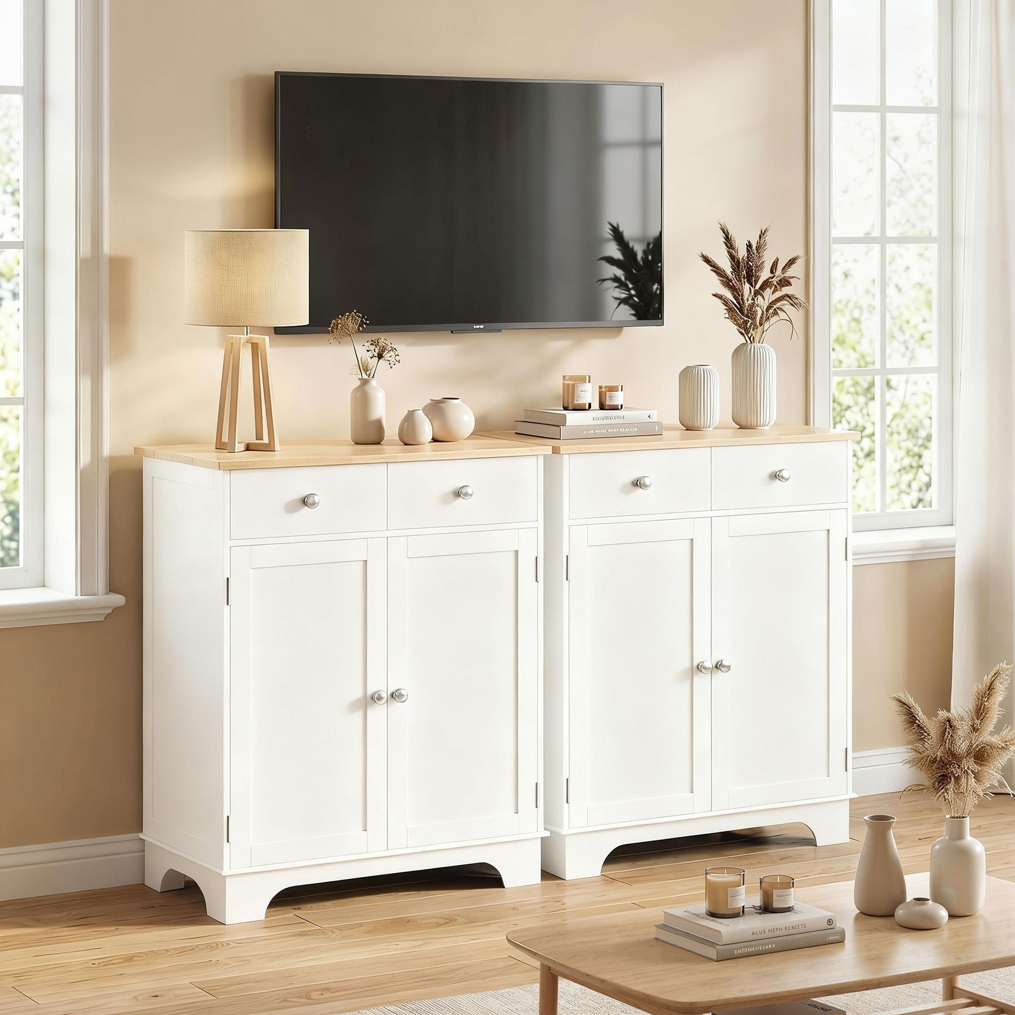 HOMCOM Kitchen Storage Cabinet, Sideboard Floor Cupboard with Solid Wood Top, Adjustable Shelf, and 2 Drawers for Living Room, White