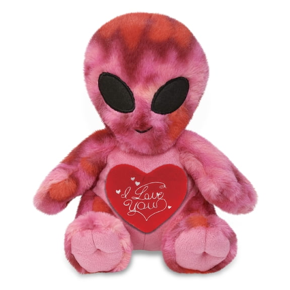 DolliBu I Love You Plush Super Soft Pink Tie-Dye Alien - Cute Stuffed Toy Alien with Red Heart Plush for Valentines, Anniversary, Romantic Date, Boyfriend, or Girlfriend Gift - 11 Inches