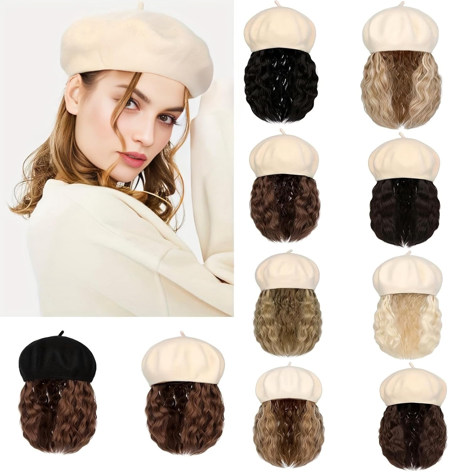 YEKEYI Wig Hat Wool Berets Extensions Stretchable Solid Cap Attached with Hair Curly Bob Synthetic Hairpiece Cap