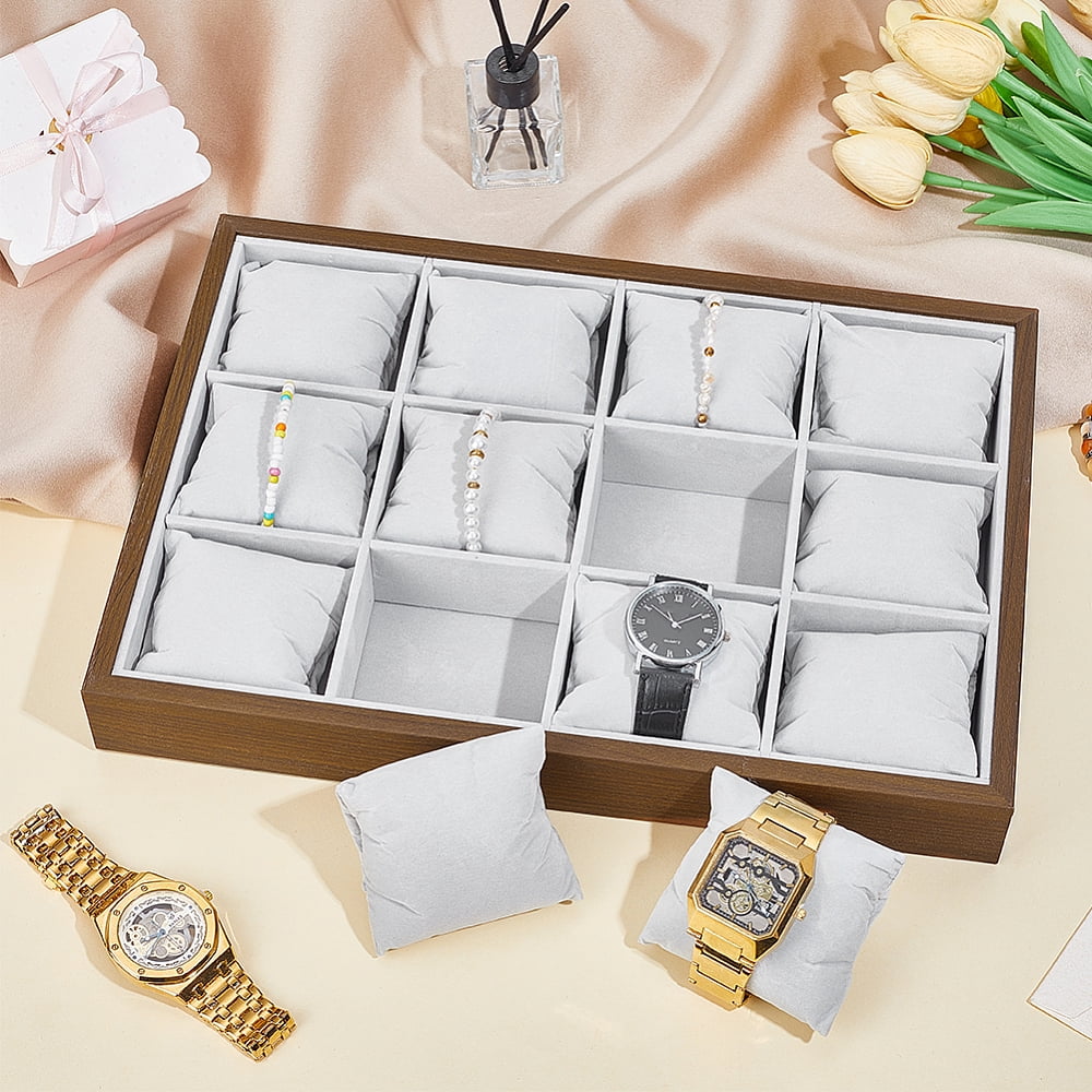 Velvet Watch Tray 12 Grid Watch Organizer Jewelry Tray Camel Stackable Bracelet Bangle Display Case Holder Jewelry Show Trays with Adjustable Pillow for Men Women Bracelet Bangle Watches DIY