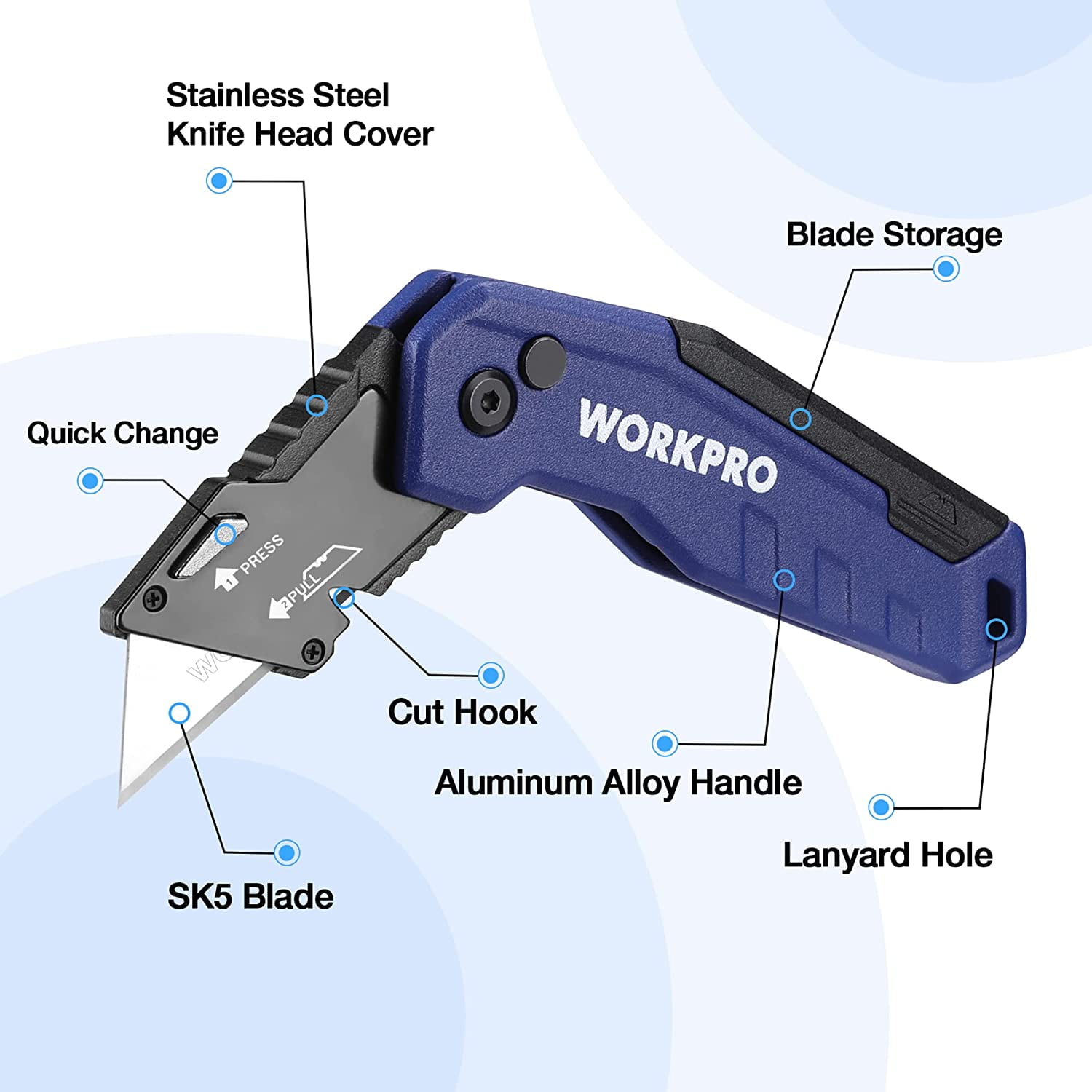 Folding Utility Knife, Quick Change Box Cutter, Razor Knife for Cartons, Cardboard, Boxes, Blade Storage in Aluminum Handle, 13 Extra Blades Included (Blue)