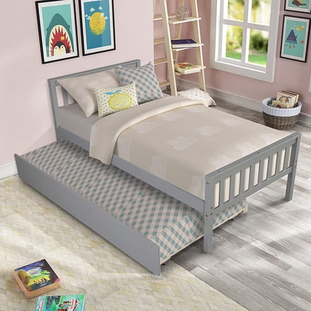 Twin Bed Frame with Trundle Sweden Solid Pine Wood Kids Twin Platform Bed Frame Pull-out Combination Bed with Casters Bedroom Twin Bed with Headboard for Adults Gray 79.5"L*42"W*33.5"H