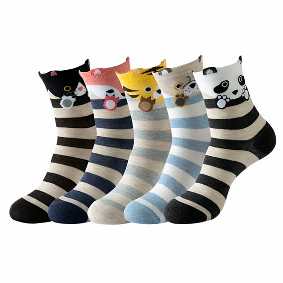 TELOLY Socks for Men Size 13-15 Cotton Animal Themed Socks Five Pairs Set Cute Stripe Daily Socks