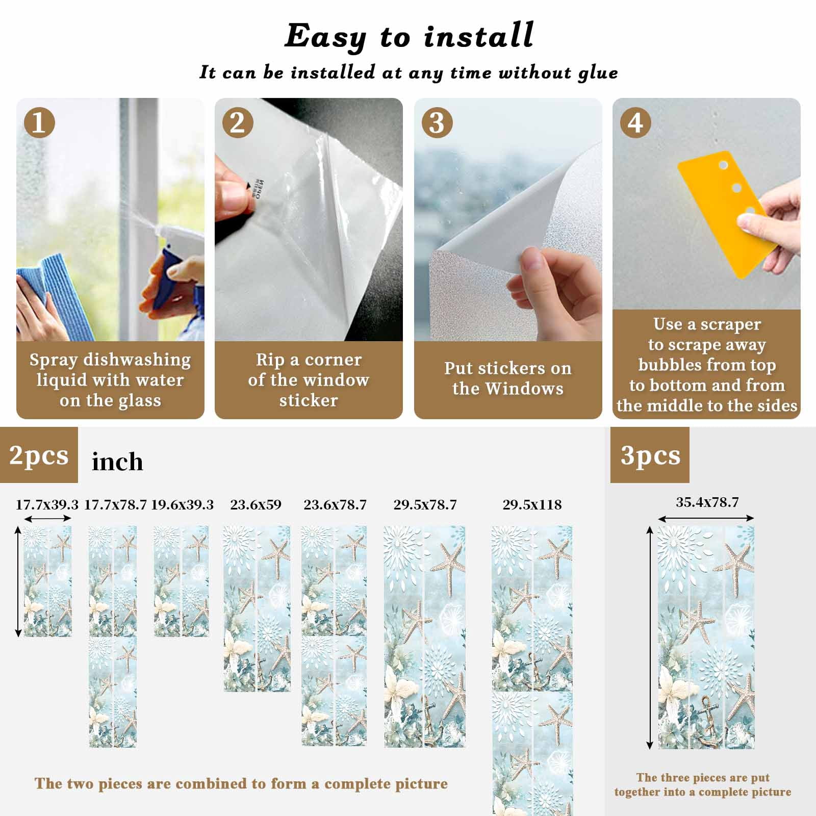Teal Ocean Coastal Privacy Window Film, Decorative Frosted Glass Window Film, Summer Beach Nautical Coral Starfish Reusable Peel and Stick Static Cling for Home Bathroom Office Glass Door 23.6"x59"