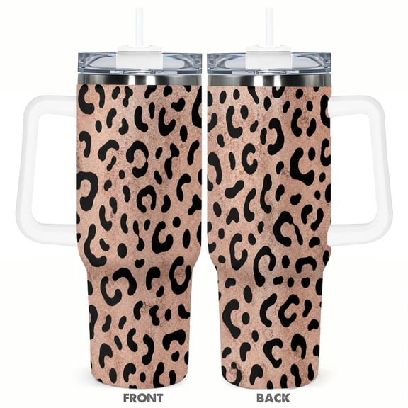 40oz Peach Leopard Print Insulated Tumbler with Handle and Straw Lid Travel Coffee Cup for Car Office and Gift Giving
