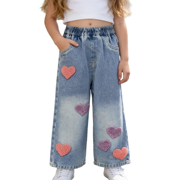 WPPGONE Toddler Girls Wide Leg Jeans Little Kids Loose Denim Pants Fashion Bow Embroidery Elastic Waist Relaxed Fit Breathable Cotton Everyday Casual Trousers