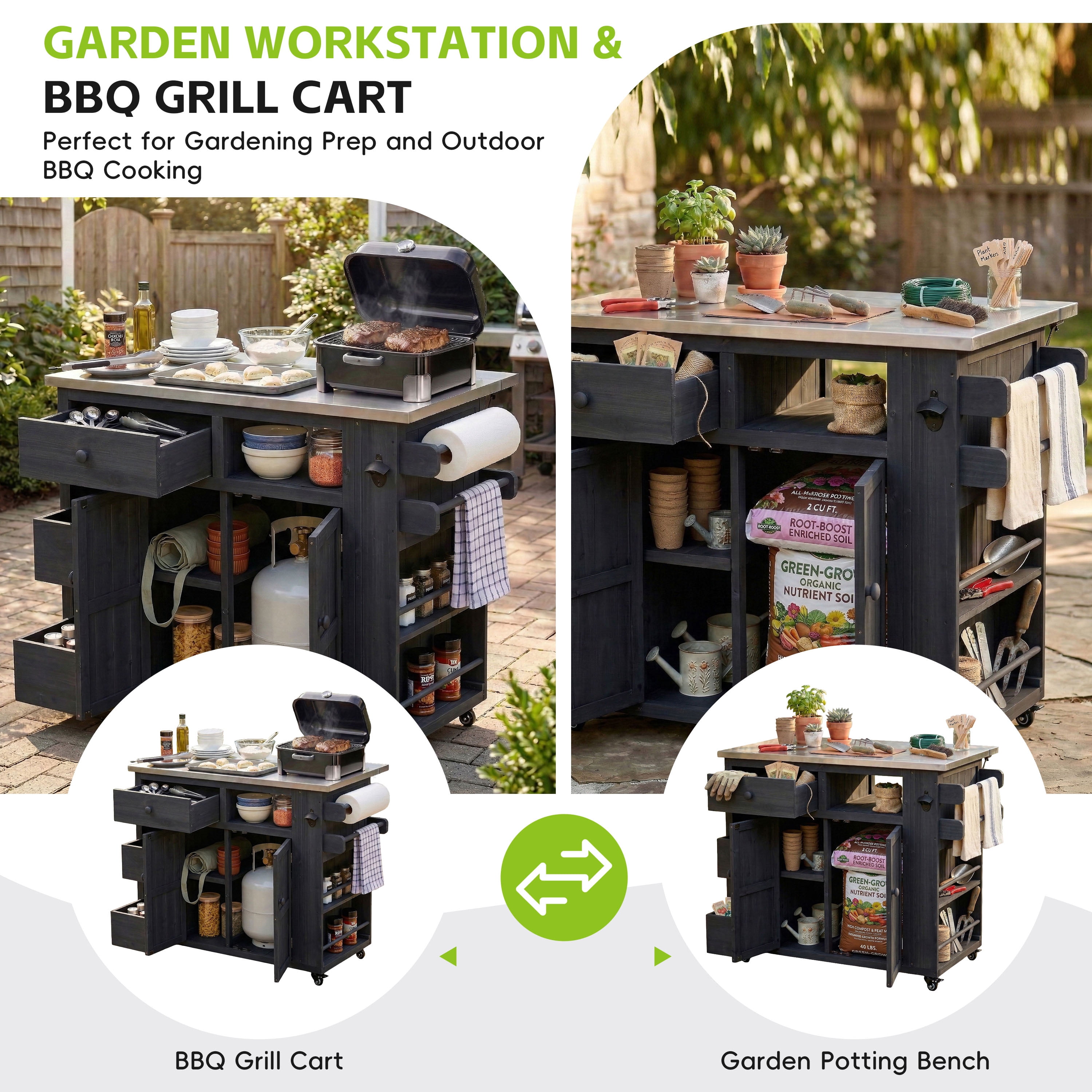 Outdoor Grill Cart with Extendable Table – 19.3"/28" Solid Wood Top, Stainless Steel Grill Table, Side Spice Rack, Drawers, Storage Cabinet for Backyard BBQ, Black