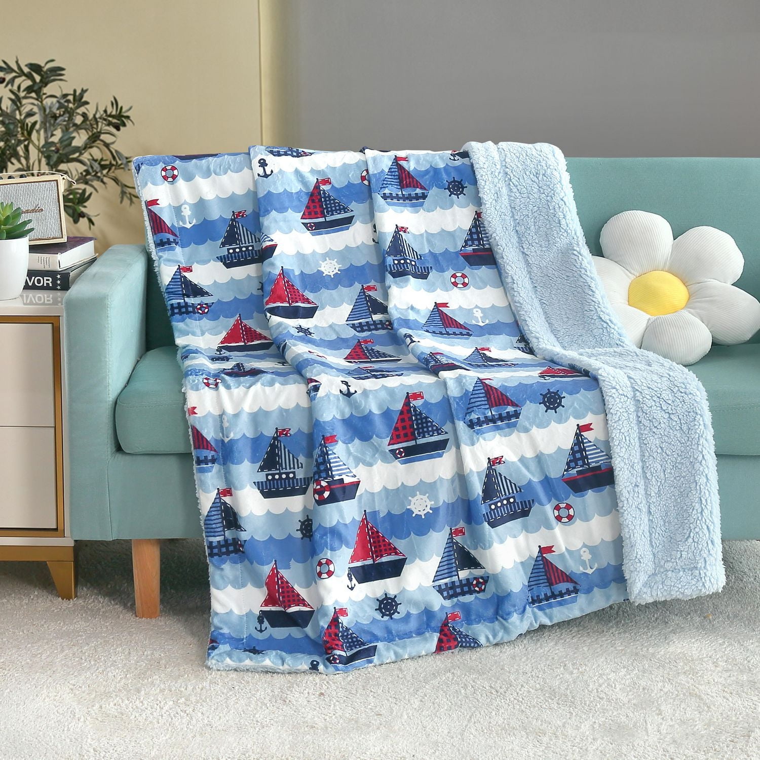 Marina Decoration Reversible Rich Printed Woven Fluffy Plush Soft Warm Flannel Fleece Children Throw Sherpa Kids Blanket, 40 x 50 Inch Nautical Sailing Boat with White Base Pattern