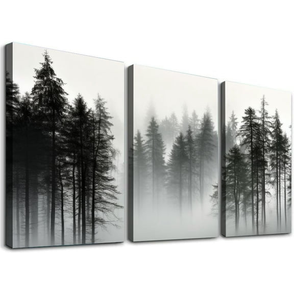 Shadudu WALL ARTS Forest Wall Art Black and White Misty Pine Trees Foggy Forest Picture Photography Artwork Print on Canvas Home Office Bedroom Décor(3 Panels 12x16in) 12x16x3pcs