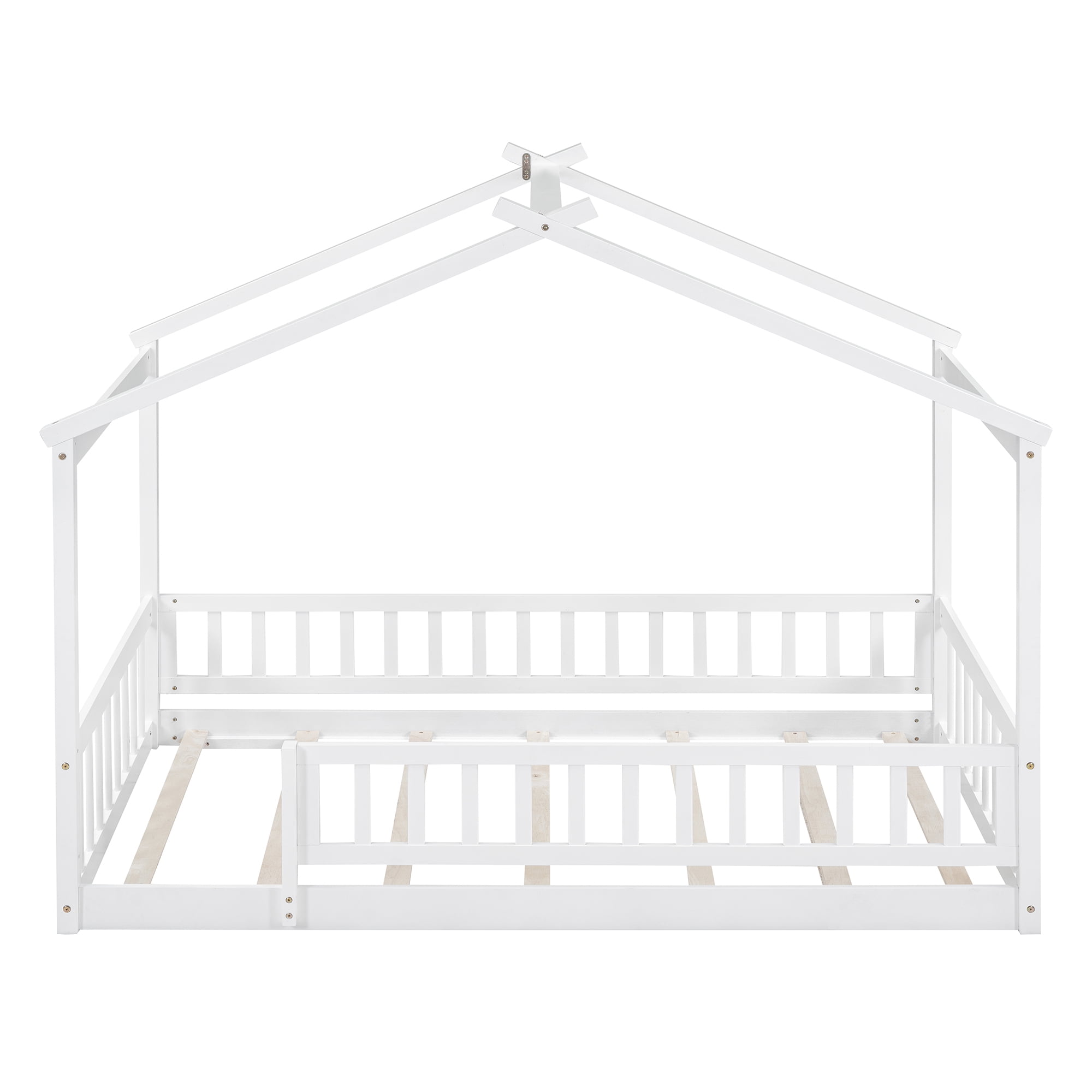 Twin Size Floor Bed with Fence Railings,Wooden Montessori House Bed Frame with Roof Design and Fence Guardrails,Playhouse Bed Low Bed Frame for Girls Boys Bedroom,Easy Assemble,White