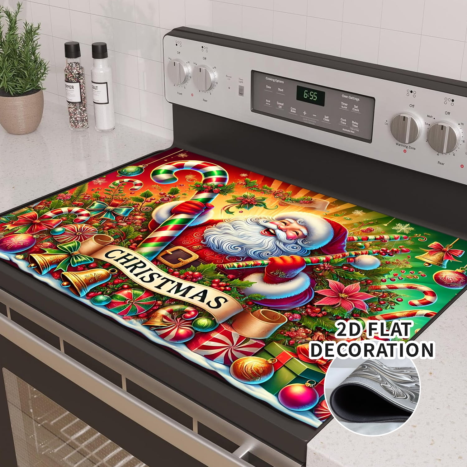 Christmas Stove Cover, Merry Christmas Stove Top Cover for Gas Stove Xmas Red Winter Kitchen Decor Glass Stove Top Pad Heat Resistant Electric Stove Protector Washable Cooktop Oven Mat