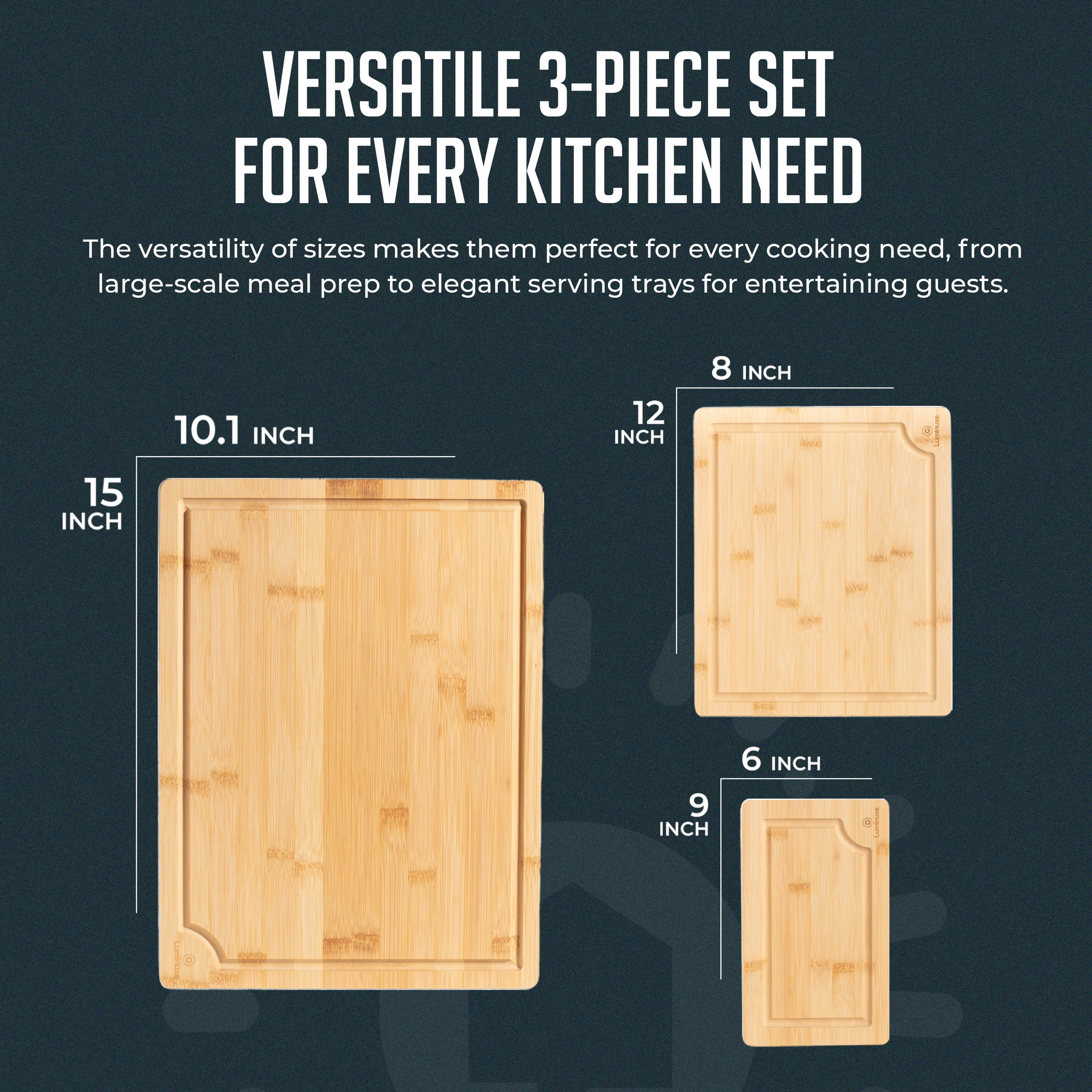 Bamboo Cutting Board Set of 3, Wood Cutting Boards with Juice Groove, Heavy-Duty Nonslip Kitchen Cutting Boards Set Bamboo