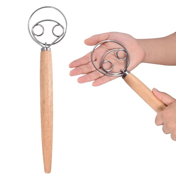 Fouet à Pâte Danois en Acier Inoxydable Style Néerlandais Batteur à Main pour Pâte à Pain Manche en Bois Outils de Pâtisserie de Cuisine Mélangeur en Acier Inoxydable, Fouet à Pâte, Fouet à Pâte 13 Pouces