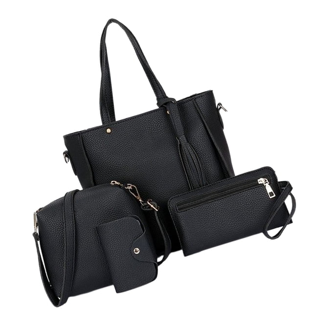 Sonducket Conjunto de 4 Uds. De bolsos para mujer, cartera femenina de Color sólido de piel sintética, bandolera de hombro, bolso de mano, accesorio de Bolsas de mensajero y de hombro Negro