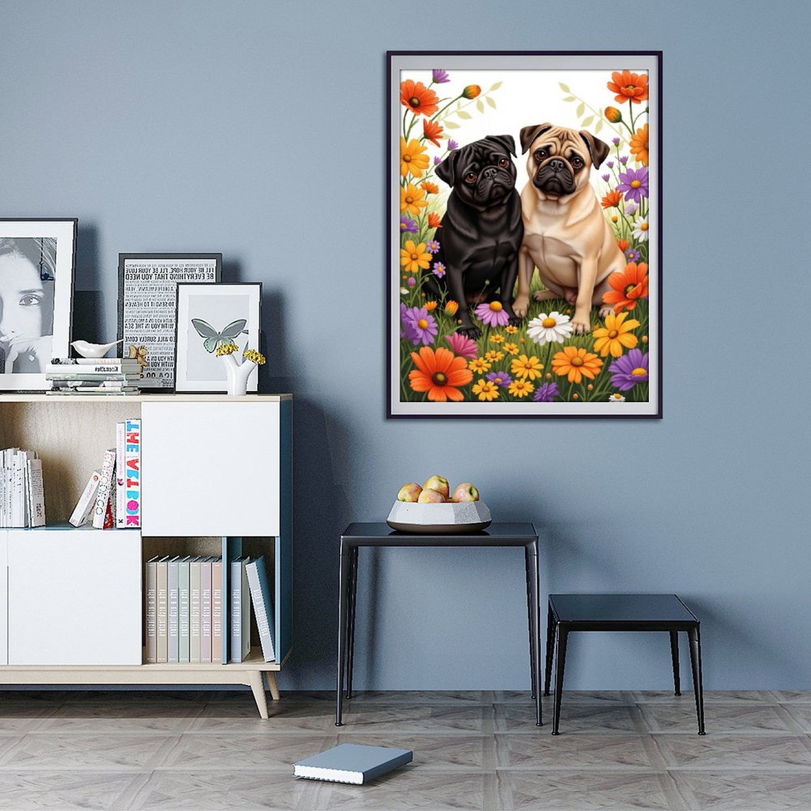 Diamond Art Kits for Adults - 5d Pug Pair Flower Field Diamond Painting for Adults, Diamond Art for Adults Beginners, Diamond Painting Kits for Adults for Home Wall Decor