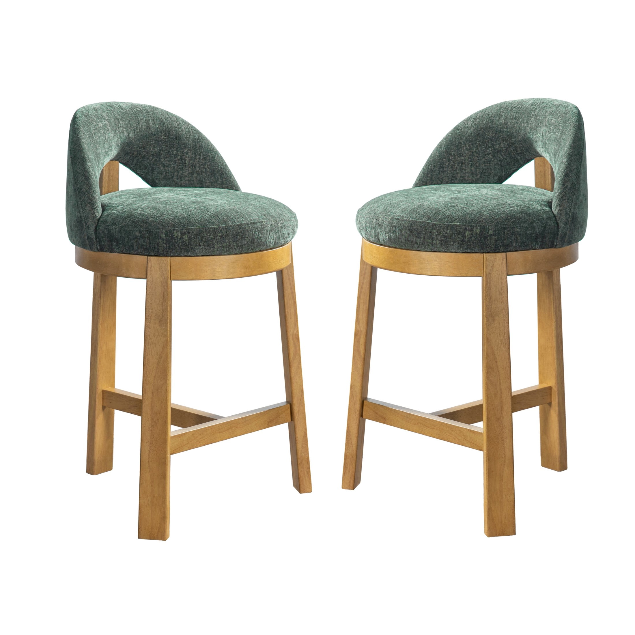 Christopher Knight Home Modern Upholstered Counter Stools with Curved Back, Wood Frame, Natural+Green, Set of 2