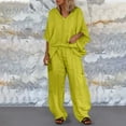 thumbnail image 2 of MDUKONU Women's 2-Piece Linen Set - V-Neck Batwing Sleeve Top & Wide Leg Pants Green M, 2 of 9