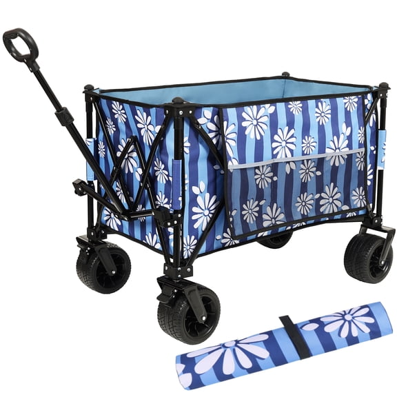 NIGSQJB Heavy-Duty Folding Wagon Cart with 7" All-Terrain Wheels & Brakes, Picnic Mat, Drink Holders and Side Pocket, 480lbs Capacity Utility Garden Cart Beach Cart for Camping,Shopping, Sports, Blue