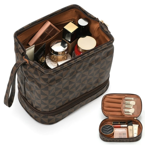 SUOSDEY Double Layer Makeup Bag Checkered Cosmetic Travel Bag for Women Men Organizers with Handle