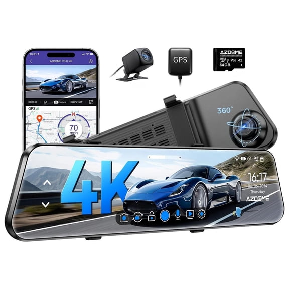 AZDOME PG17 12" 4K Mirror Dash Cam Front and Rear, Wi-Fi 6 Rear View Mirror Camera with 64GB Card, Voice Control Dash Camera for Car, Rearview Mirror Camera with GPS Night Vision Parking Assistance