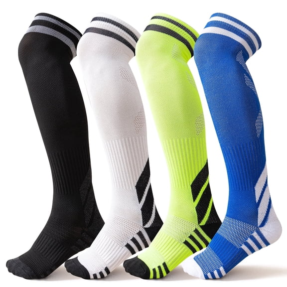 4 Pairs Kid Over-the-Calf Soccer Socks (4-15 Years Old) Compression Athletic Baseball Socks Cushion Softball Socks Knee High Cotton Socks For Boys Girls