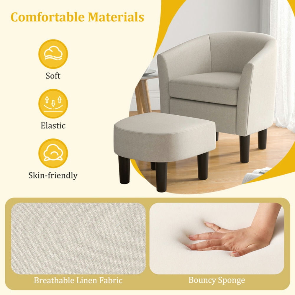 Finihen Accent Chair, Barrel Club Chair with Ottoman Set, Linen Fabric Accent Chair with Footrest, for Living Room, Bedroom, Beige Finihen Accent Chair, Barrel Club Chair with Ottoman Set, Linen Fabric Accent Chair with Footrest, for Living Room, Bedroom, Beige