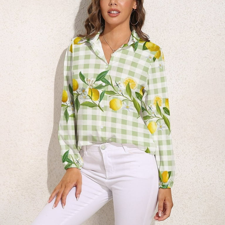 Lemon Green White Plaid Long Sleeve Blouse Woman Streetwear Casual
