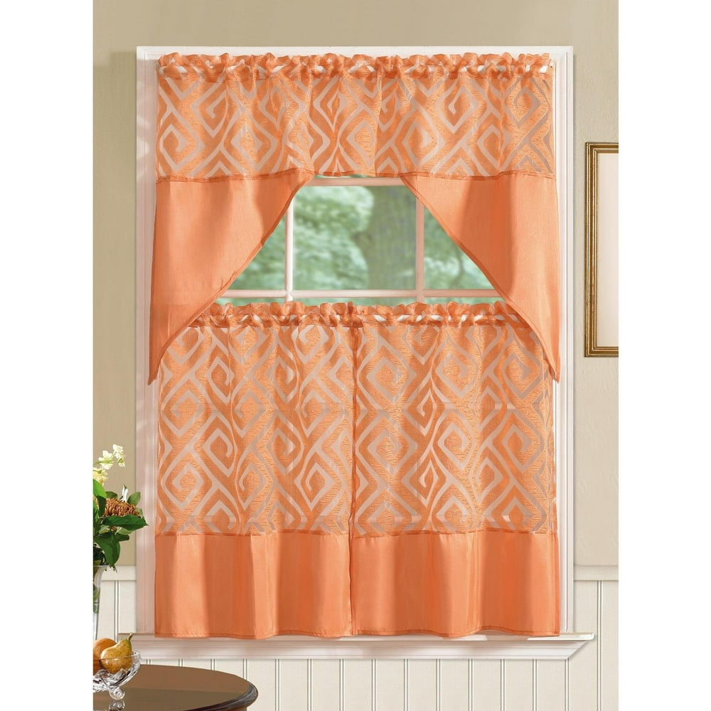Riviera Printed Faux Silk Tier and Valance Kitchen Curtain Set, Orange ...