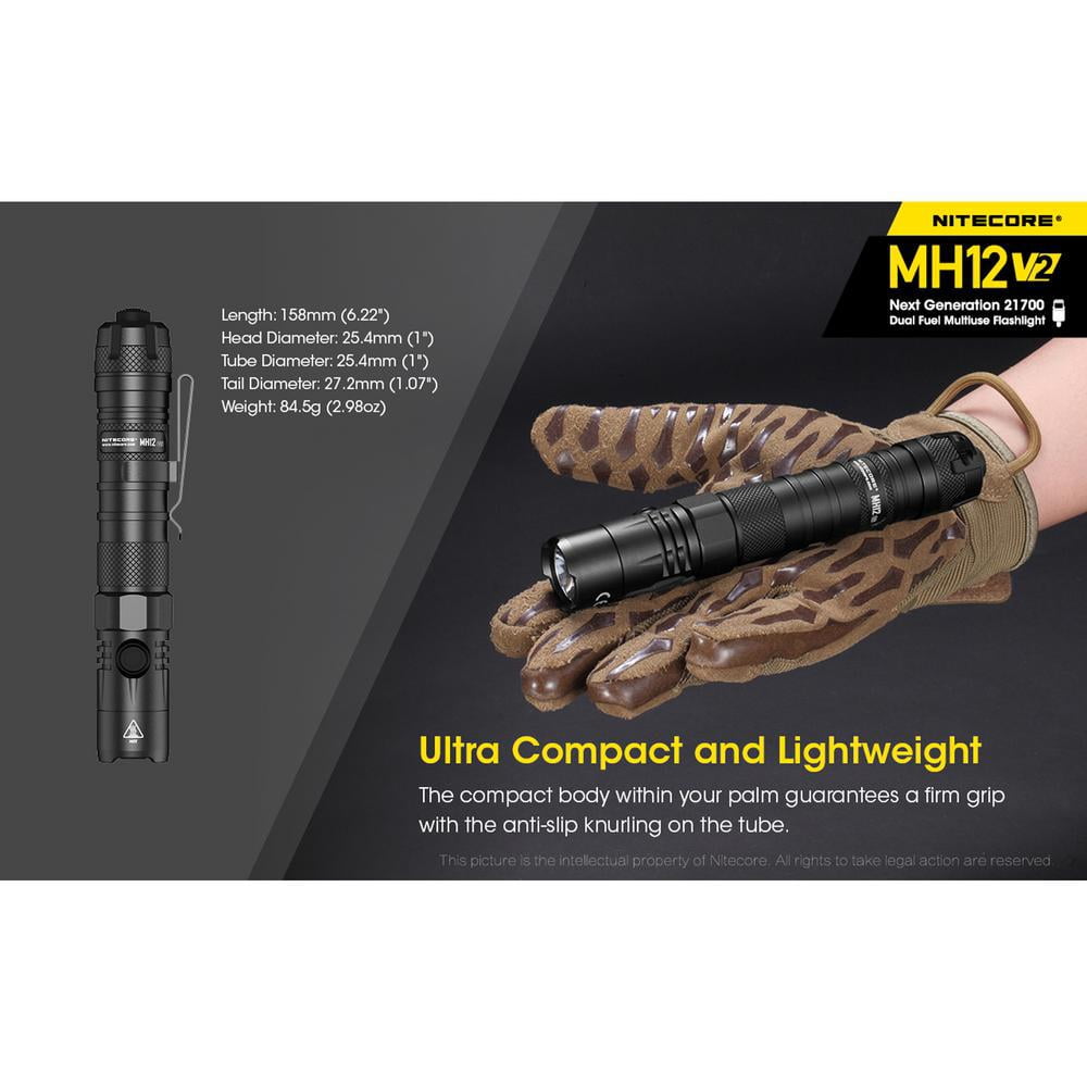 Nitecore MH12 v2 CREE XP-L2 V6 LED USB-C Rechargeable Flashlight w/5000mAh Battery, 21700, White, 1200 Lumens, Black, 6952506405985