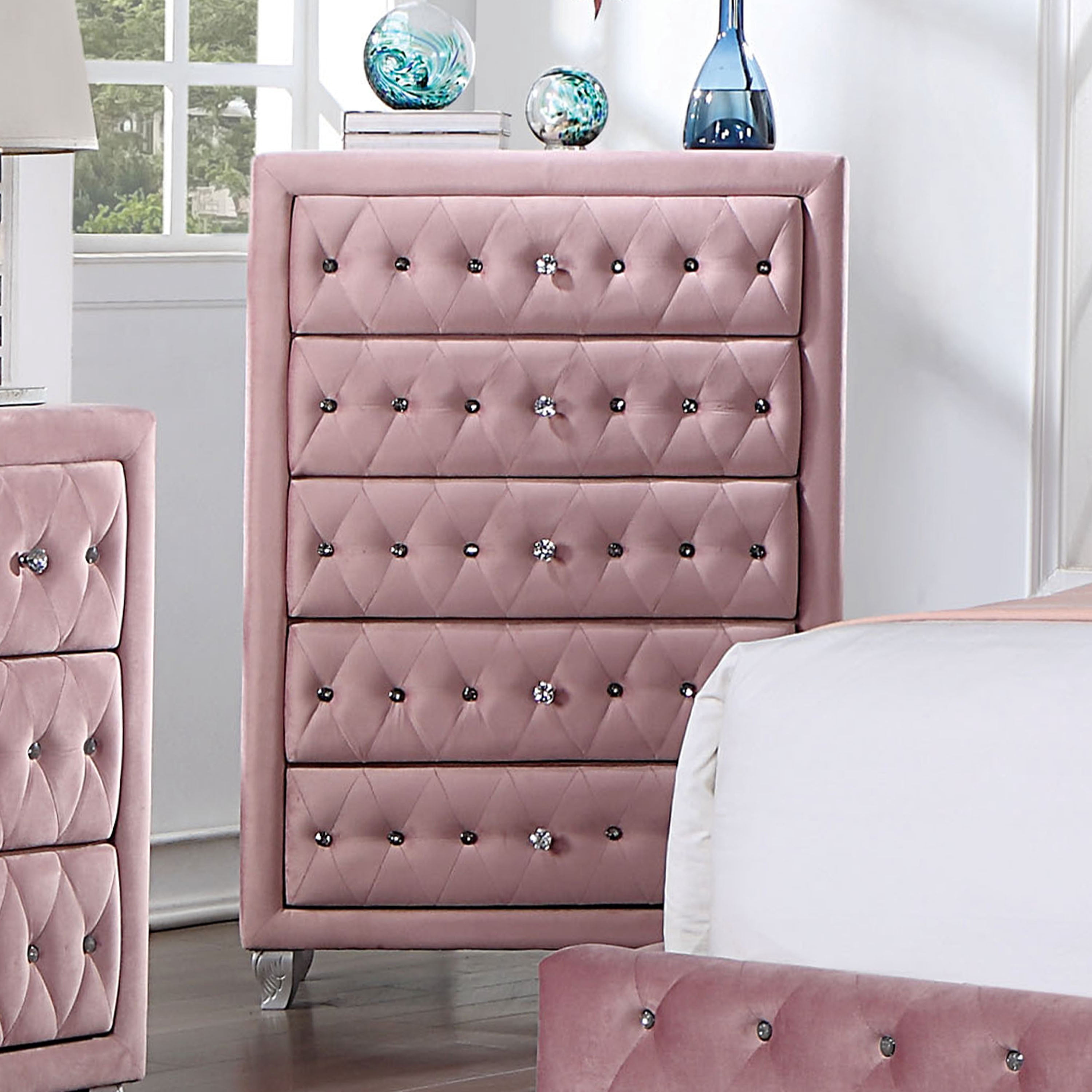 Furniture of America Breand Adult Glam 5-Drawer Vertical Dresser, Pink