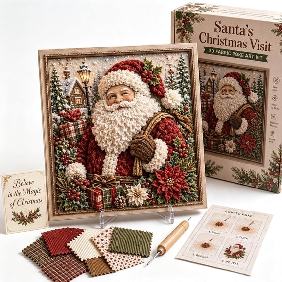 3D Christmas Fabric Poke Art Kit, 3D Fabric Poke Art Kit for Adults with Pre-Cut Squares, Adult DIY Needle Punch Craft Kit, Vintage Holiday Handmade Decoration