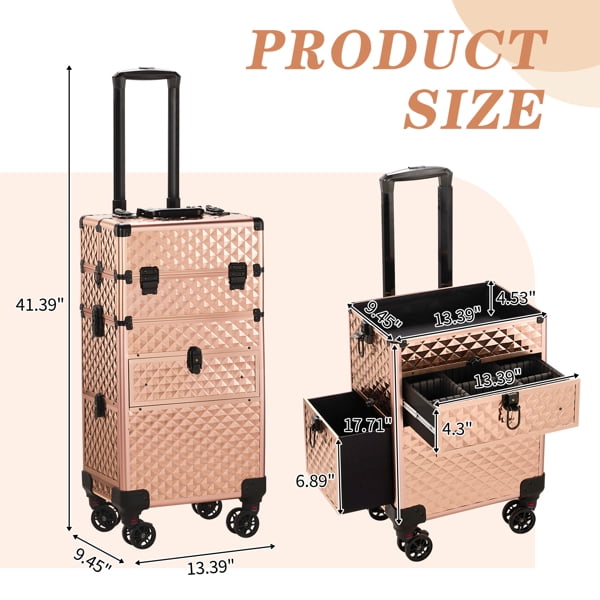2-in-1 Champagne Gold Makeup Case, Diamond-Patterned Aluminum, Sliding & Removable Drawers with Swivel Wheels for Vanity/Travel/Professionals
