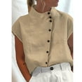 thumbnail image 3 of Odeerbi Cotton Linen Shirts for Women Summer Mandarin Collar Ruffle Cap Sleeve Shirt Lightweight Beach Loose Button Tops Fashion Casual Blouse Khaki, 3 of 6