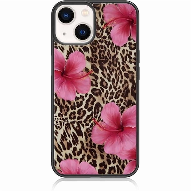 wonima11 Cute Pink Hibiscus Flowers Leopard Cheetah Print Aesthetic Phone Case for iPhone 14 & iPhone 13 Case for Women Girls -6.1Inch