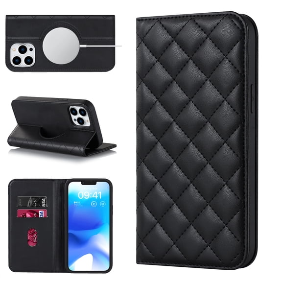 Wallet Case for iPhone 13 Pro 6.1 inch, Luxury Quilted PU Leather Flip Cover [Shockproof TPU] [Support Wireless Charging] with 2 Card Slots, Kickstand, FRID Blocking Case Cover, Black