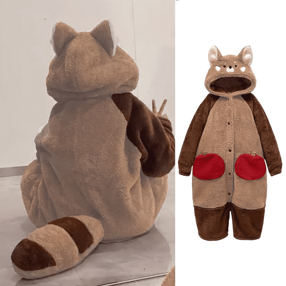 Unisex Raccoon Animal Onesie, Warm Fleece Winter Pajamas for Home Lounge