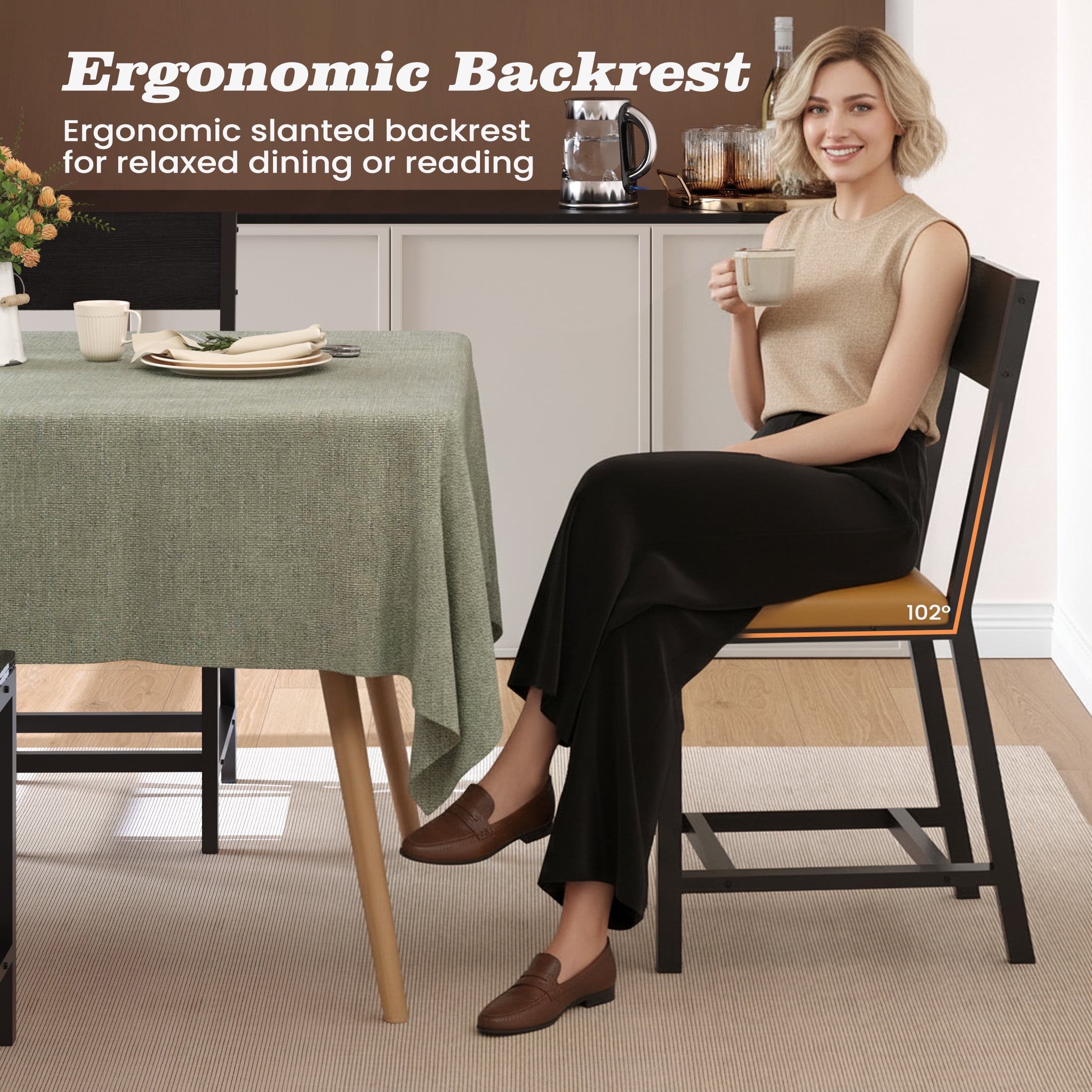 Gelloan Dining Chair Set of 2, Rustic Wood Chairs with Metal Steel Frame and Cushion Seat, Modern Farmhouse Chair for Kitchen, Bedroom, Living Room,Brown