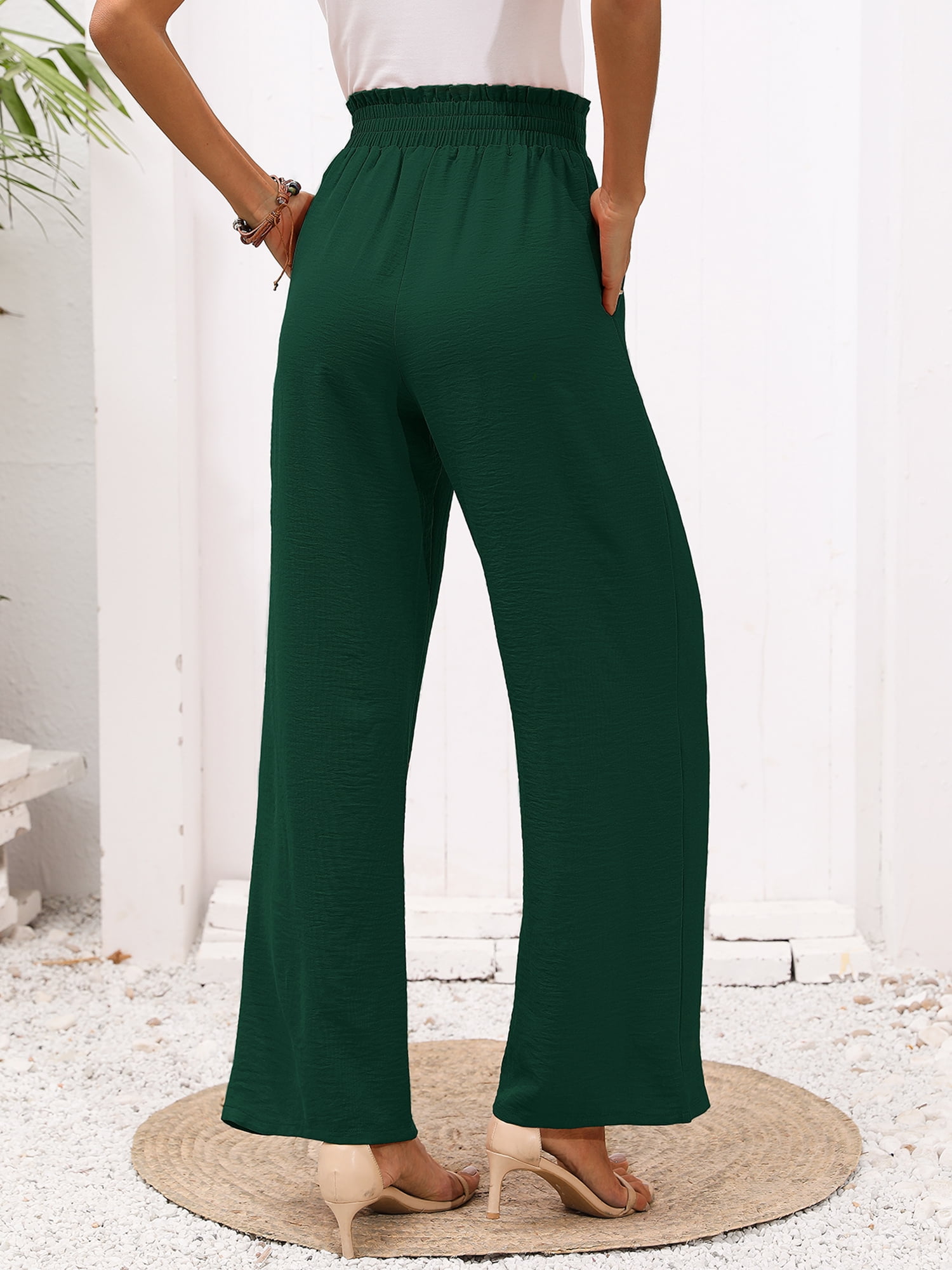 Chiclily Women's High Waisted Wide Leg Pants, Dark Green
