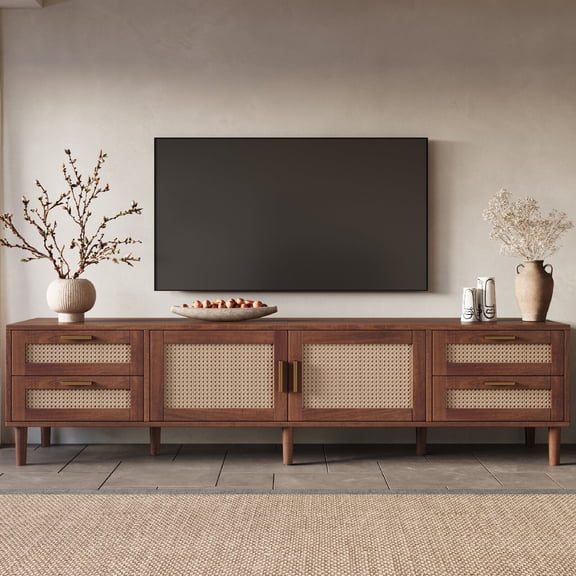 78 Inch TV Stand for TVs up to 85 inch, Media Console with 4 Drawers, Solid Wood Legs, Soft Closing Hinges, Modern Entertainment Center for Living Room, Dark Brown