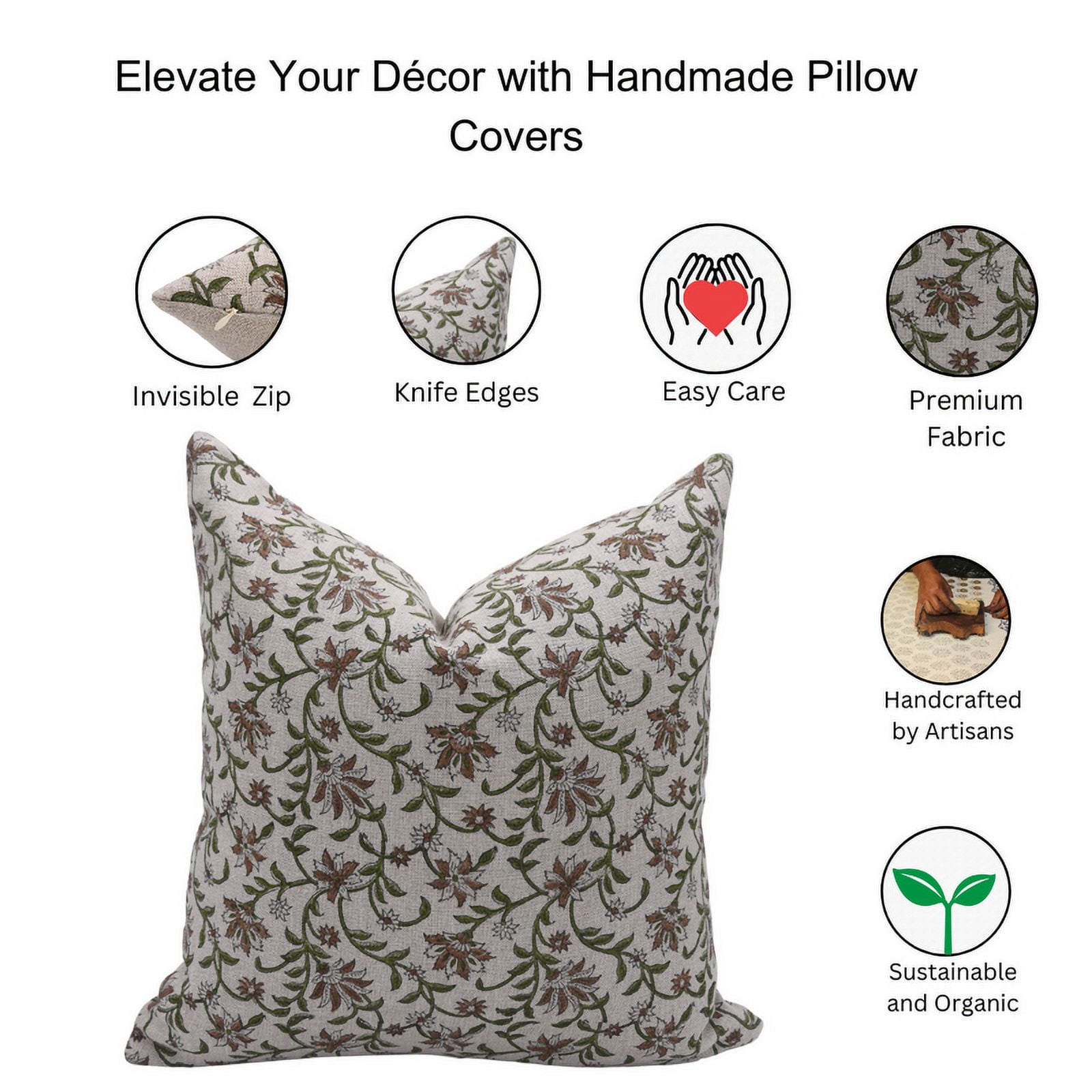 Fabdivine Block Print Throw Pillow Cover, 14x36 inch,Thick Linen,Green