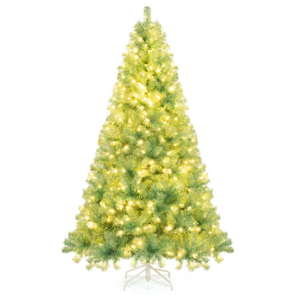 Gymax 7.5 FT Pre-Lit Tinsel Christmas Tree Artificial Xmas Tree w/ 1300 Lush Branch Tips Fruit Green