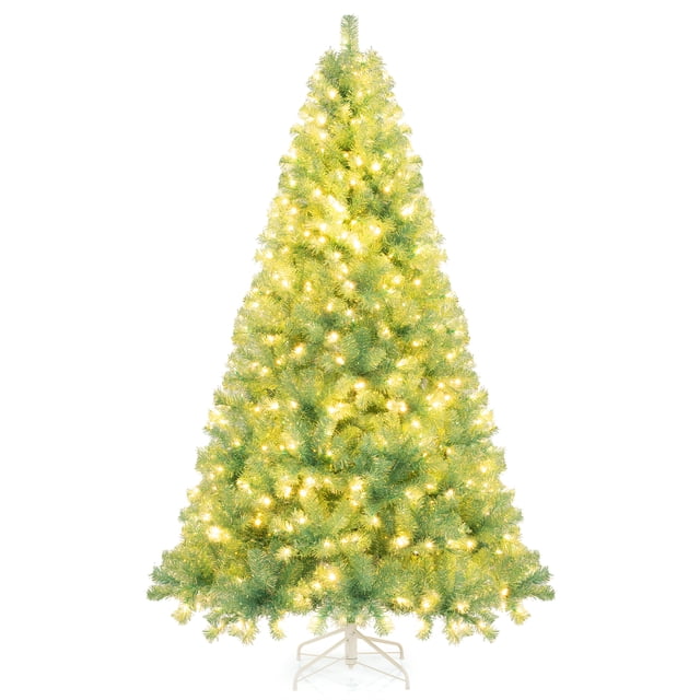 Gymax 7.5 FT Pre-Lit Tinsel Christmas Tree Artificial Xmas Tree w/ 1300 Lush Branch Tips Fruit Green