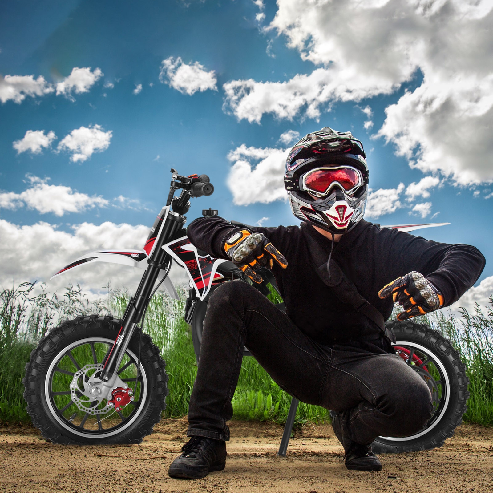 AurumEdge Gas Powered Mini Dirt Bike 49CC for Kids, 2-Stroke Off Road Motorcycle, Maximum Speed 40km/h, Weight Support Up to 150 LBS - Red&Black