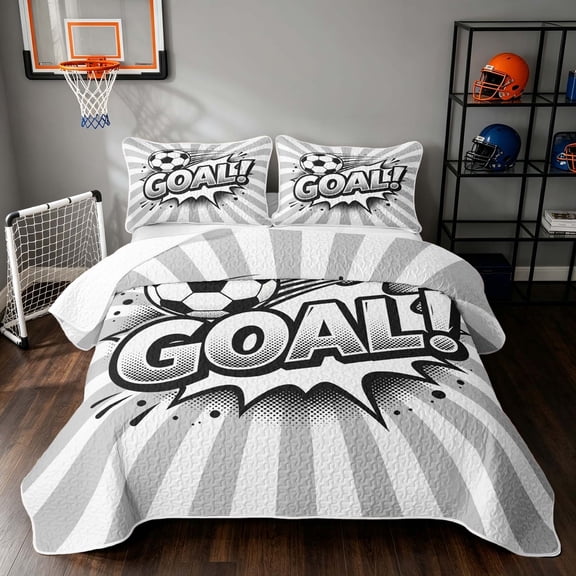 Manfei Soccer Sport Twin Quilt Set, Geometric Stripe Twin Coverlet Set, Grey Monochrome, Reversible 2pcs, 1 Bedspread and 1 Pillowcase