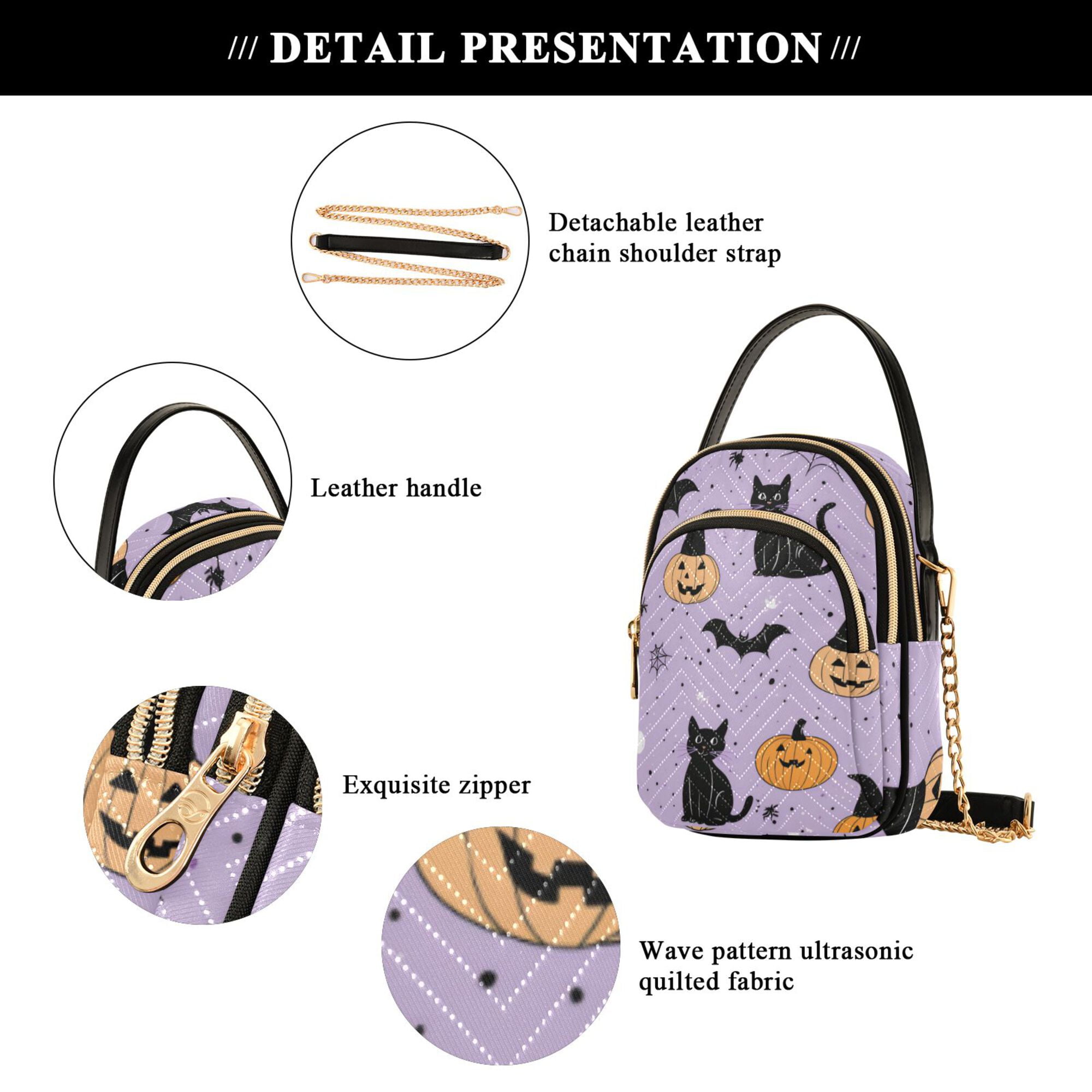 FORMRS Crossbody Bag for Women Quilted Travel Shoulder Cell Phone Purse with Chain Strap Handbag, Light Purple Halloween Black Cat