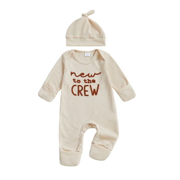 Spewahor Newborn Baby Boy Fall Romper Fashionable Letters Embroidery Round Neck Long Sleeve Jumpsuits with Hat