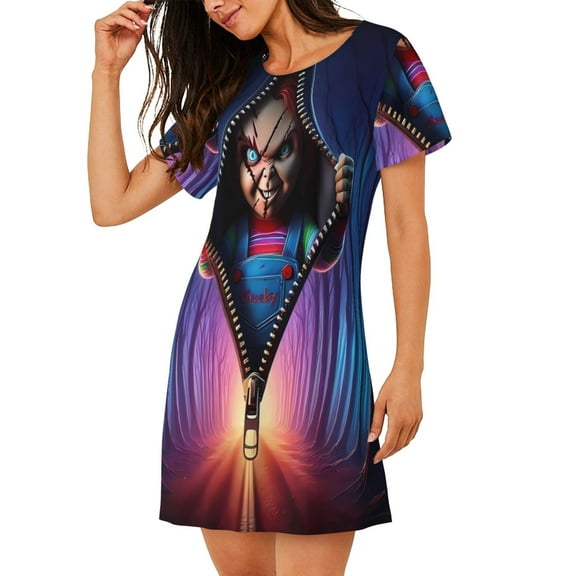 Saiise Women's Nightgown Sleepwear,Short Sleeve Pajama Dress,Chucky Print Loungewear for Home and Sleep