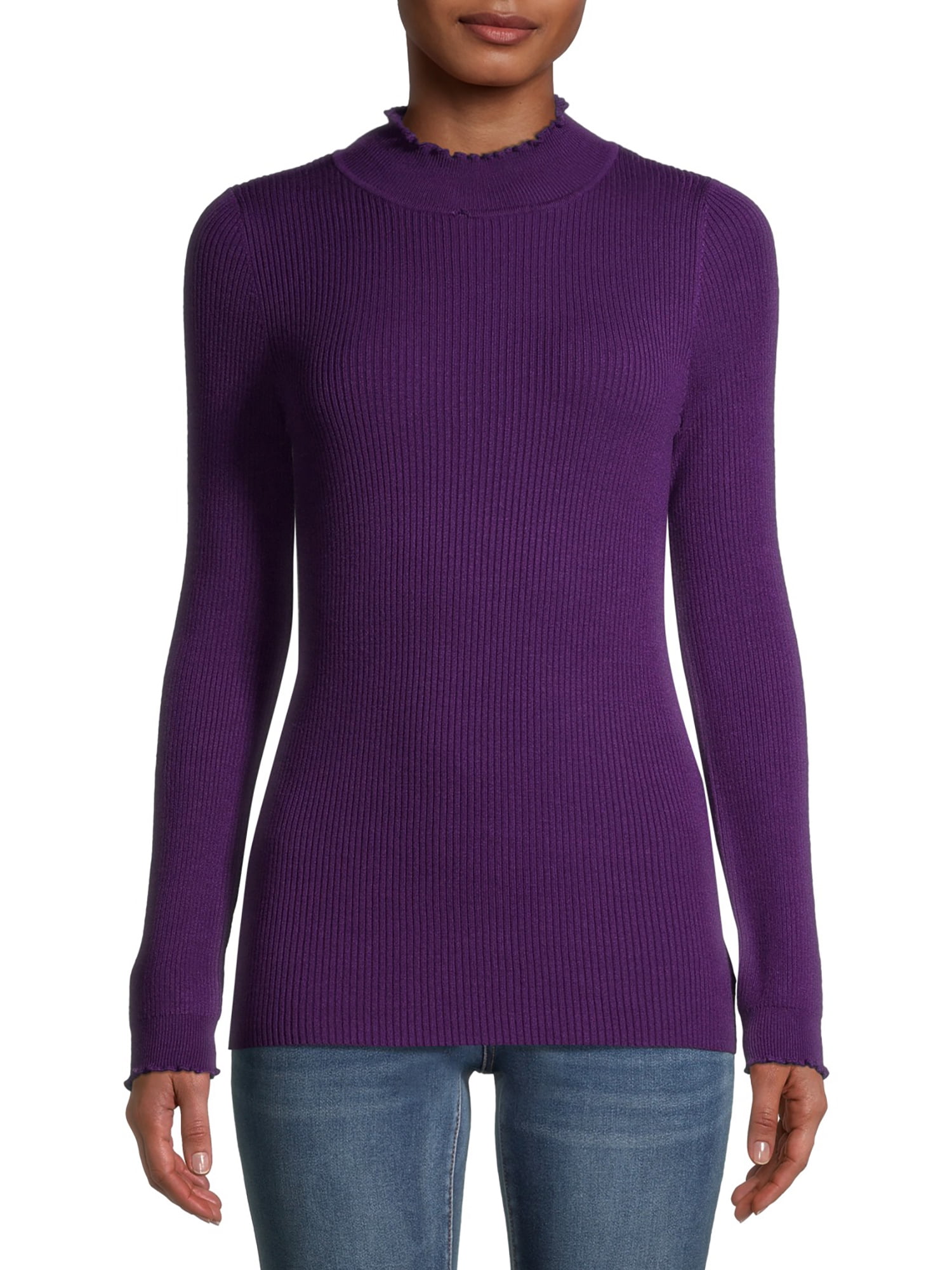 Time and Tru Women's Ribbed Lettuce-Edge Turtleneck - Walmart.com